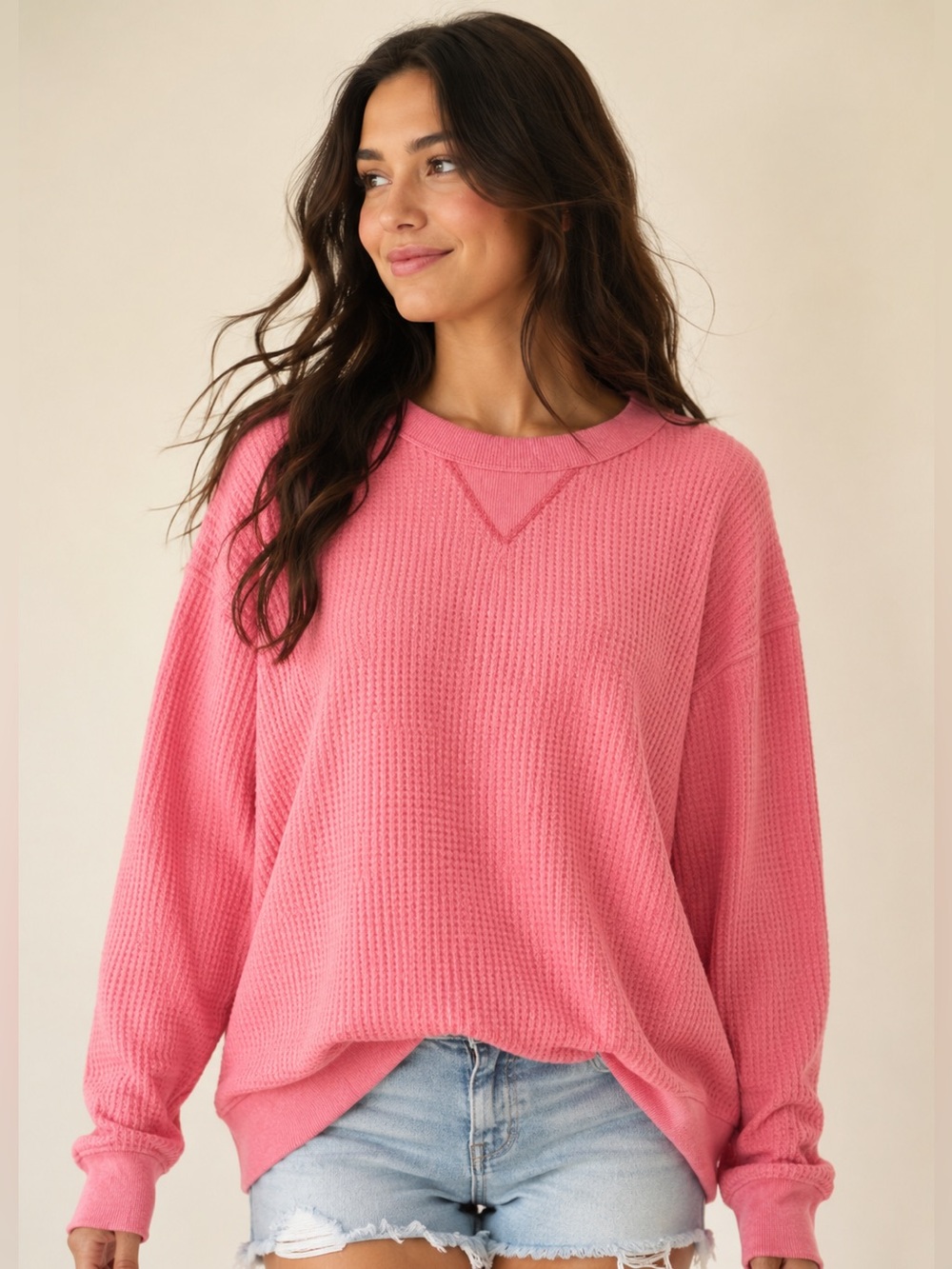 Bubblegum Pink Waffle Knit Boyfriend Sweatshirt Soft Girl Oversized M